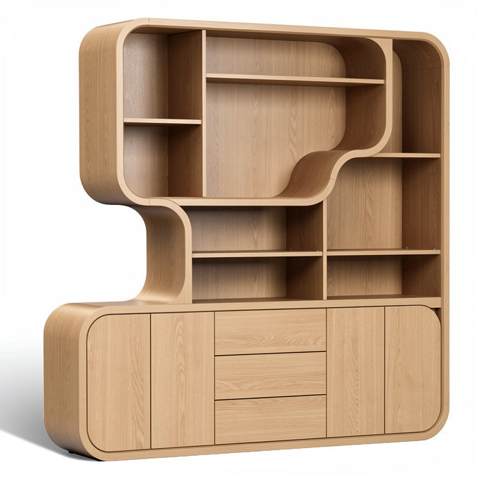 **Modern Curved Wooden Cabinet with Open Shelving**