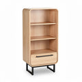 **Modern Wooden Bookshelf with Drawer and Metal Frame**