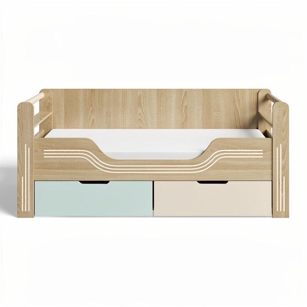 **Title:** Modern Wooden Toddler Bed with Storage Drawers