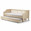 **Compact Bed with Underbed Storage Drawer in Natural Wood Finish**