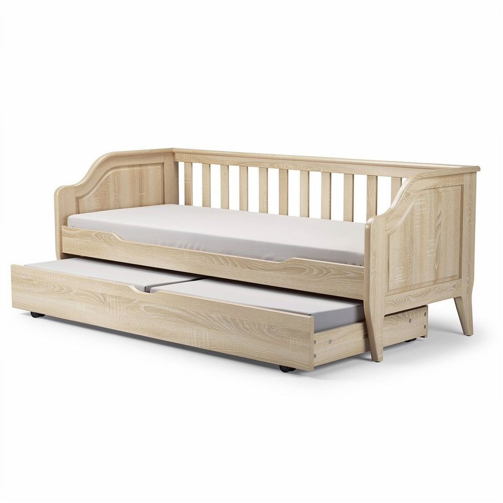 **Compact Bed with Underbed Storage Drawer in Natural Wood Finish**
