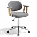 **Modern Grey Fabric Office Chair with Wooden Armrests and Adjustable Height**