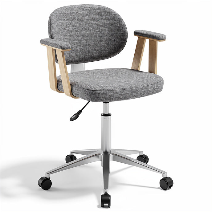 **Modern Grey Fabric Office Chair with Wooden Armrests and Adjustable Height**