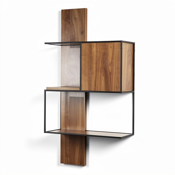 **Modern Wooden Wall Shelf with Metal Frame and Open Design**